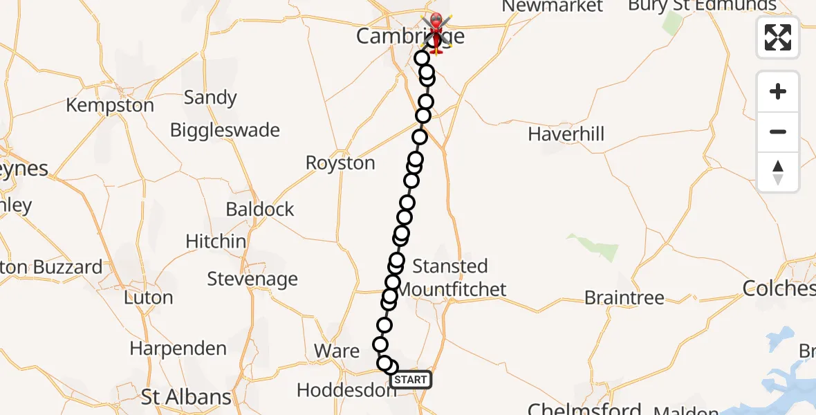 Flight route Air Ambulance Helicopter Harlow - Cambridge City Airport, 29 October 2026, 19:05