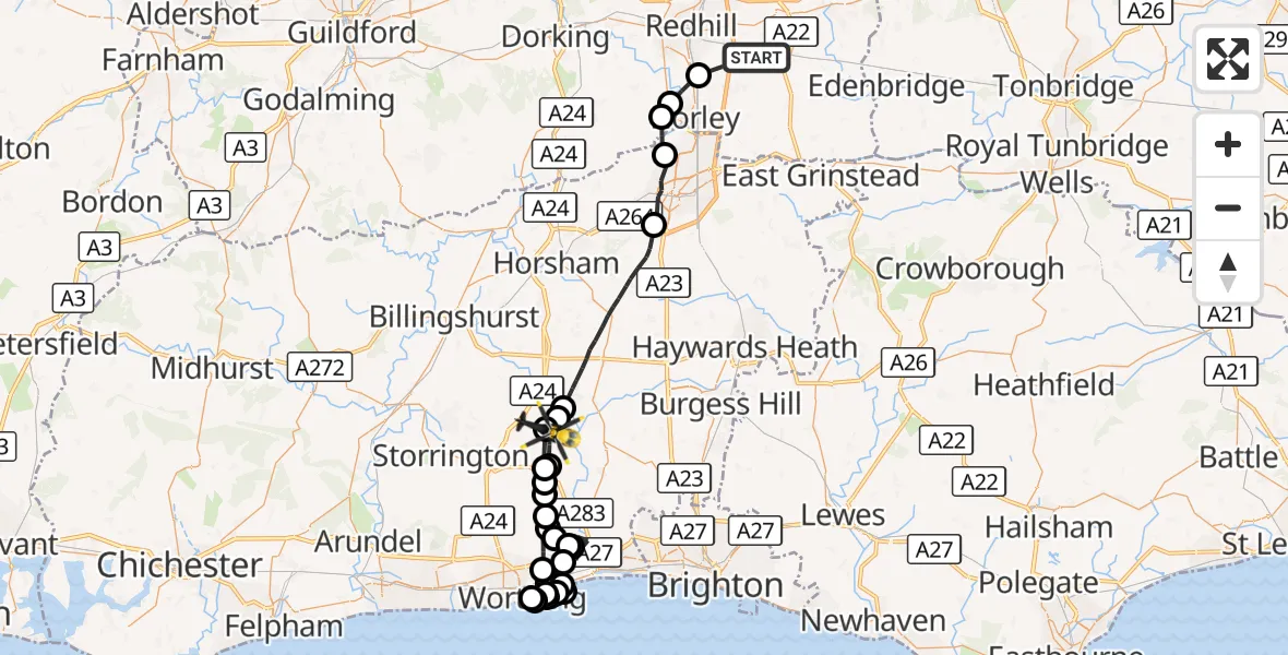 Flight route Police Helicopter Tandridge - Horsham, 29 October 2026, 19:26