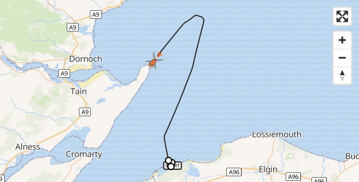 Flight route Coastguard Helicopter Buckie Loch - North Sea, 29 October 2026, 19:35