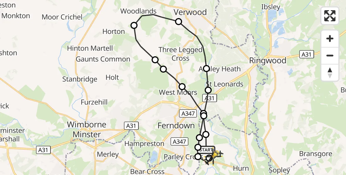 Flight route Police Helicopter Bournemouth Airport - Bournemouth Airport, 29 October 2026, 19:38