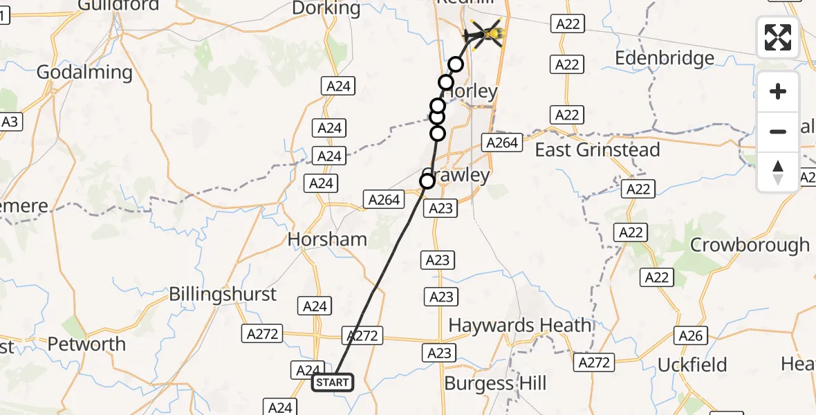 Flight route Police Helicopter Horsham - Redhill Aerodrome, 29 October 2026, 20:06