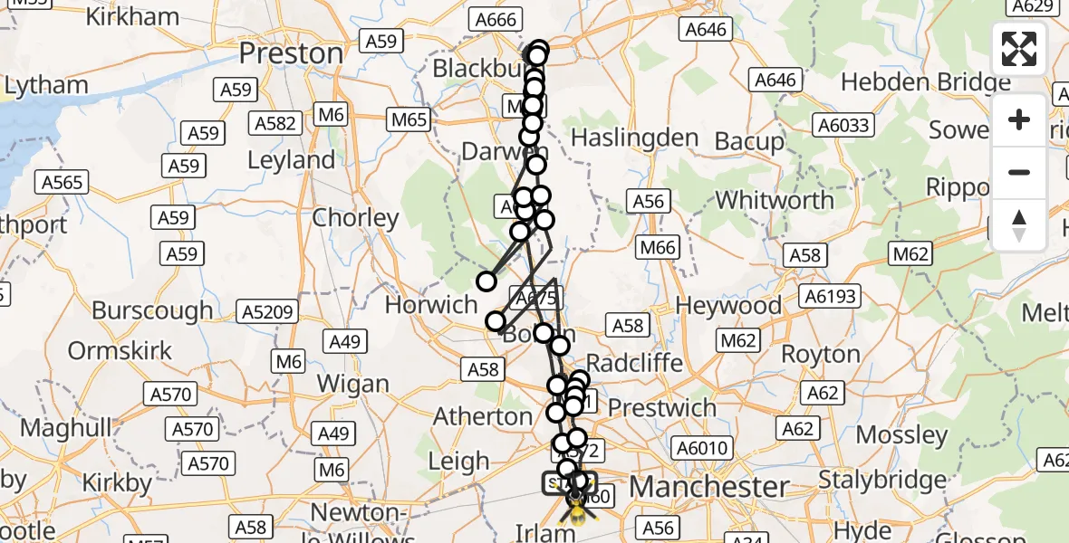 Flight route Police Helicopter Worsley - Manchester Barton Aerodrome, 29 October 2026, 20:13