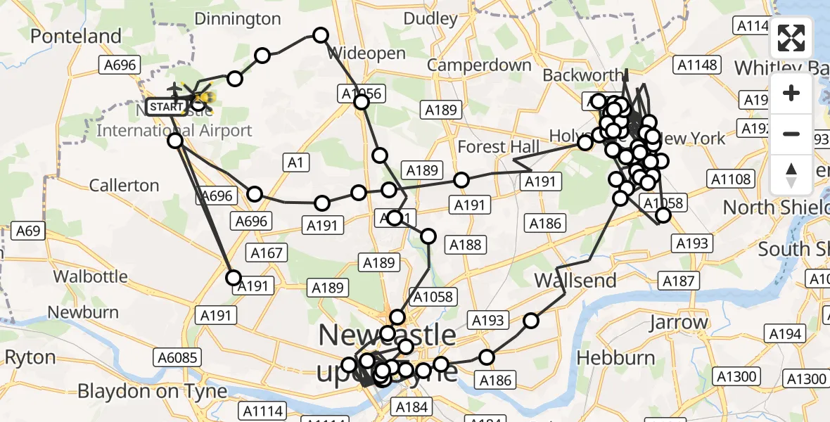 Flight route Police Helicopter Newcastle International Airport - Newcastle International Airport, 29 October 2026, 20:21