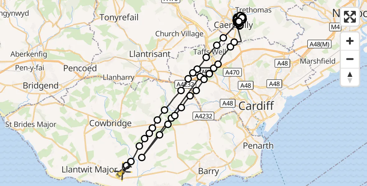 Flight route Police Helicopter Pentyrch - MOD St Athan, 29 October 2026, 21:34