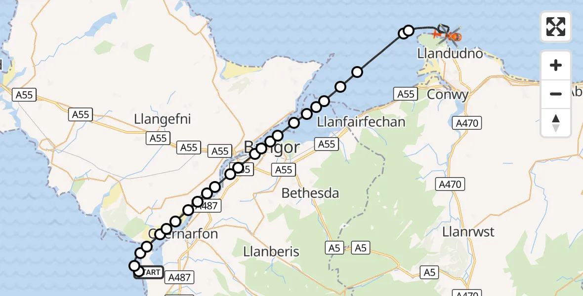 Flight route Coastguard Helicopter Caernarfon Airport - Llandudno, 29 October 2026, 23:00