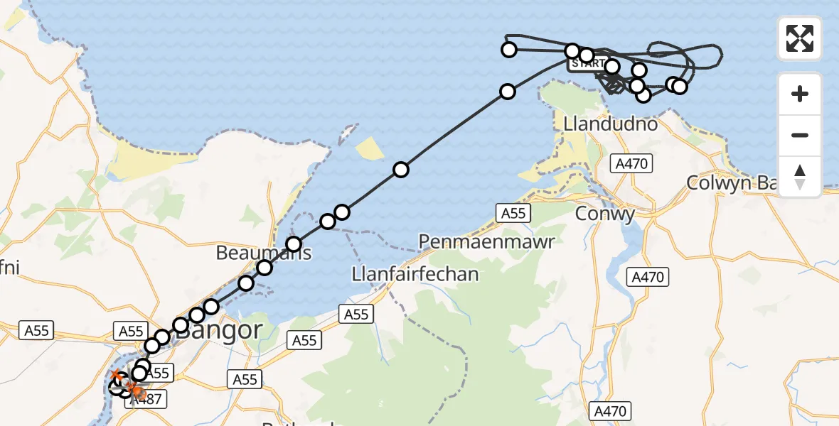 Flight route Coastguard Helicopter Llandudno - Pentir, 29 October 2026, 23:20