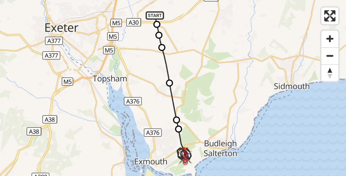 Flight route Air Ambulance Helicopter Exeter International Airport - Exmouth, 30 October 2026, 01:12