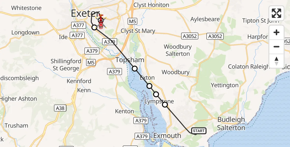 Flight route Air Ambulance Helicopter Exmouth - Royal Devon & Exeter Hospital, 30 October 2026, 01:46