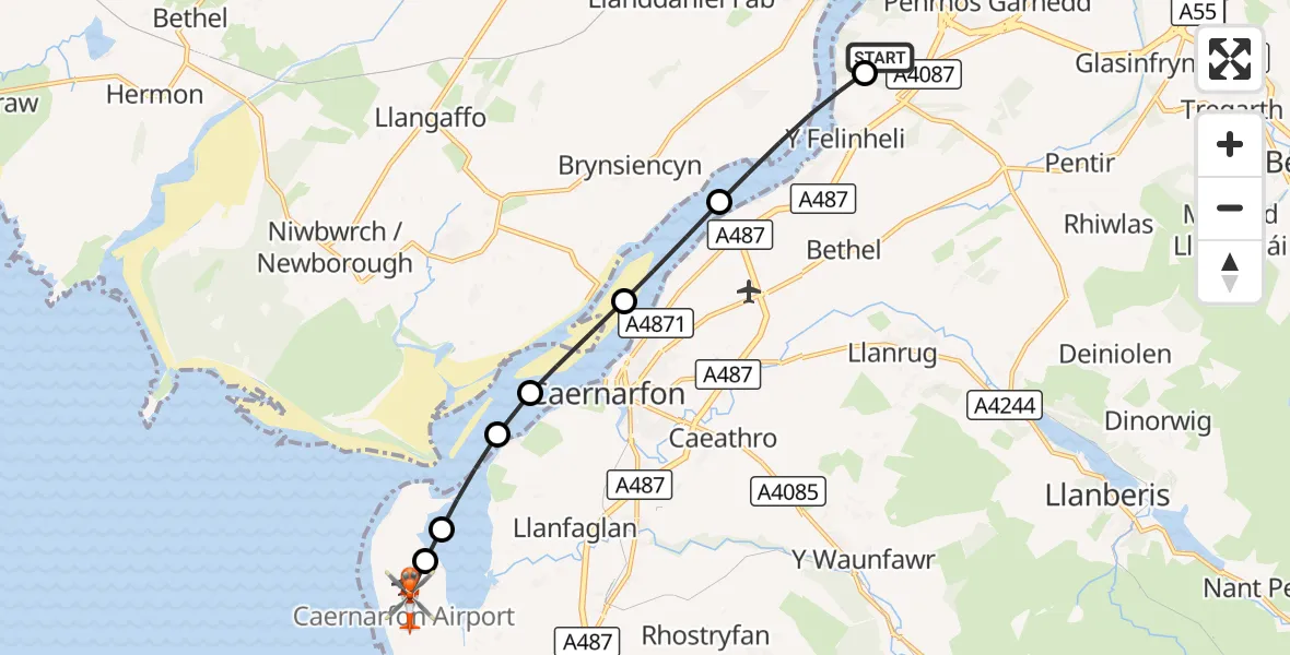 Flight route Coastguard Helicopter Aber Pwll - Caernarfon Airport, 30 October 2026, 01:46