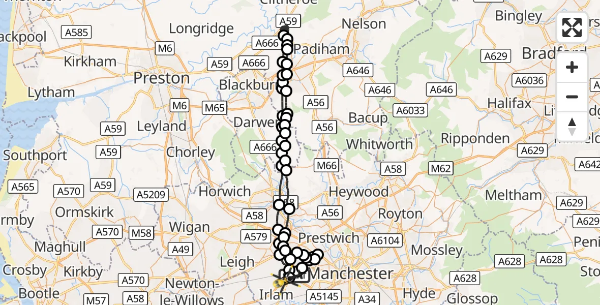 Flight route Police Helicopter Worsley - Manchester Barton Aerodrome, 30 October 2026, 02:51