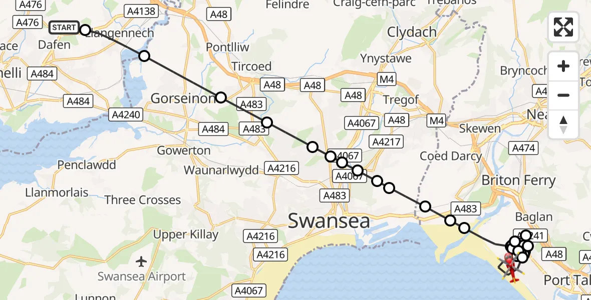 Flight route Air Ambulance Helicopter Dafen - Sandfields, 30 October 2026, 07:59
