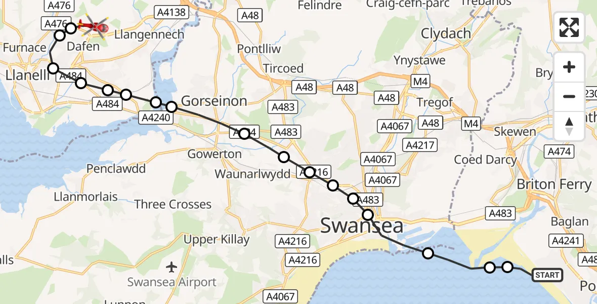Flight route Air Ambulance Helicopter Sandfields - Dafen, 30 October 2026, 08:50