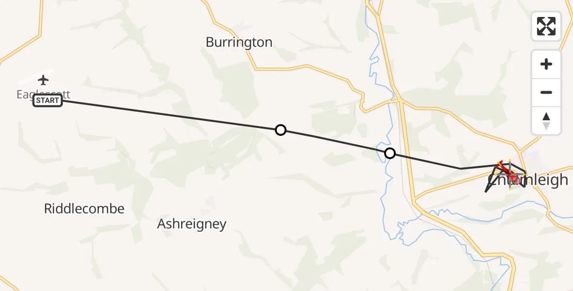Flight route Air Ambulance Helicopter Eaglescott Airfield - Chulmleigh, 30 October 2026, 09:06