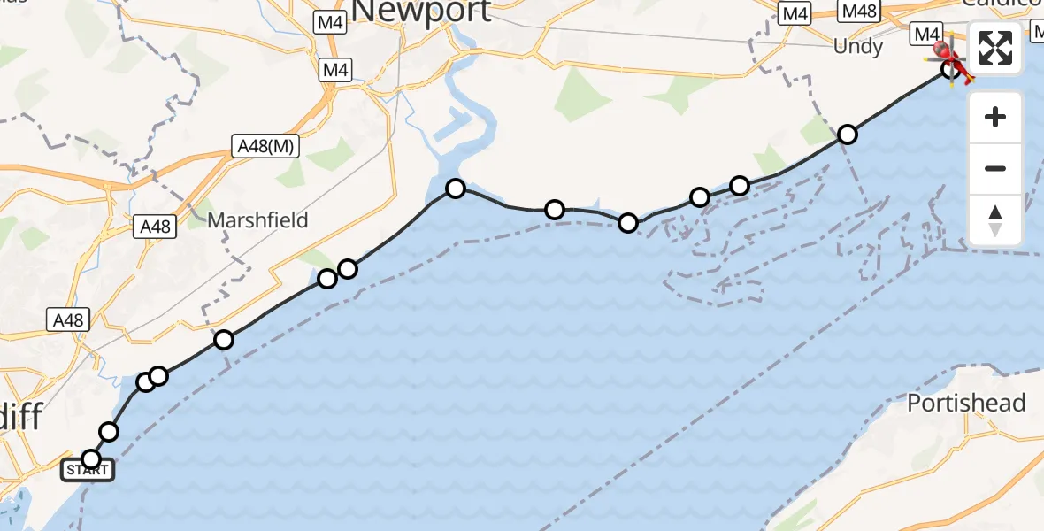 Flight route Air Ambulance Helicopter Cardiff Heliport - Rogiet, 30 October 2026, 09:29