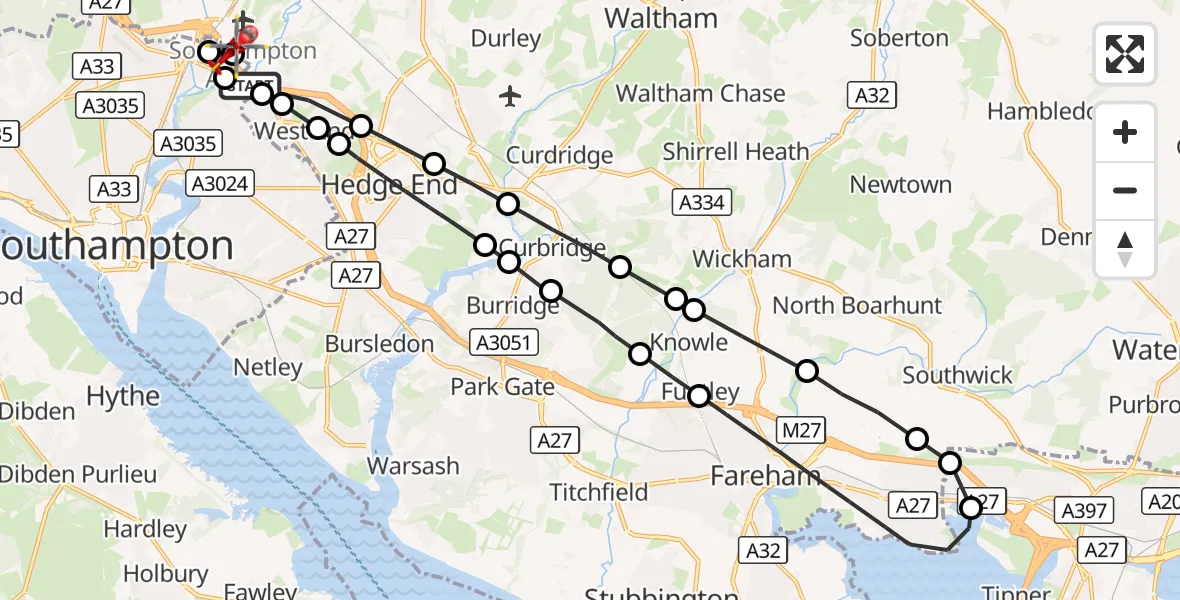 Flight route Air Ambulance Helicopter Townhill Park - Southampton Airport, 30 October 2026, 10:03