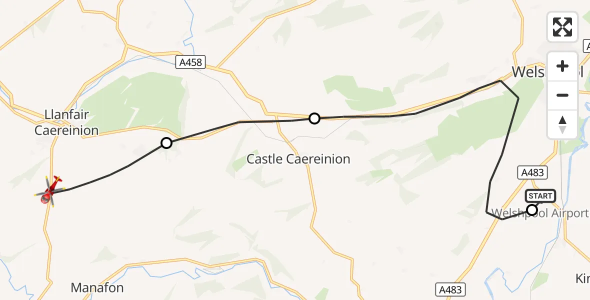 Flight route Air Ambulance Helicopter Welshpool Airport - Llanfair Caereinion, 30 October 2026, 10:04