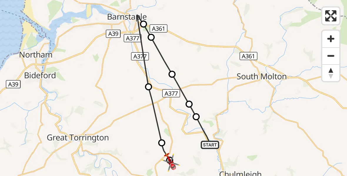 Flight route Air Ambulance Helicopter Burrington - Eaglescott Airfield, 30 October 2026, 10:14