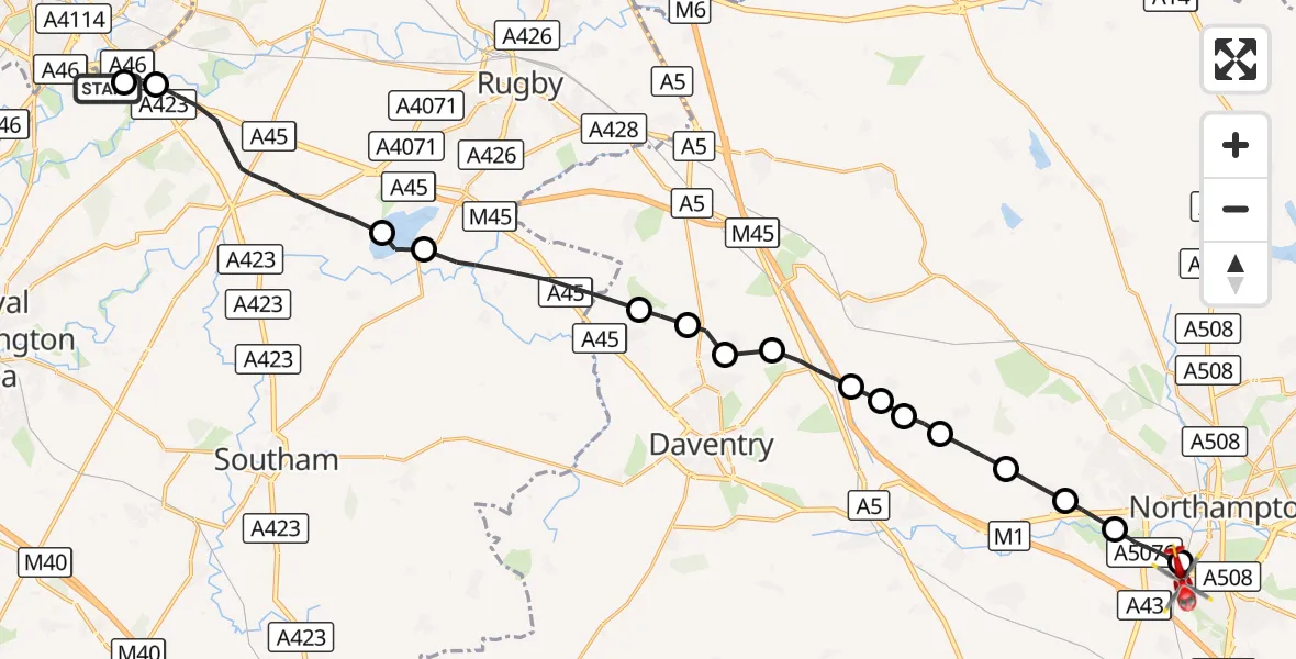 Flight route Air Ambulance Helicopter Coventry Airport - Far Cotton, 30 October 2026, 10:15