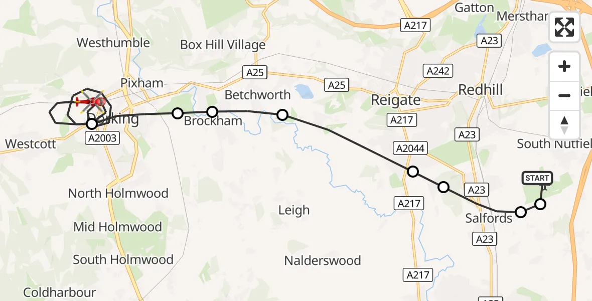 Flight route Air Ambulance Helicopter Redhill Aerodrome - Dorking, 30 October 2026, 10:35