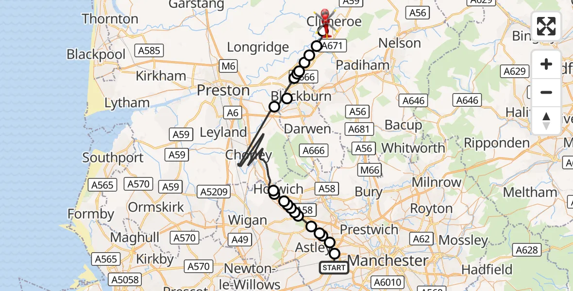 Flight route Air Ambulance Helicopter Manchester Barton Aerodrome - Clitheroe, 30 October 2026, 10:37