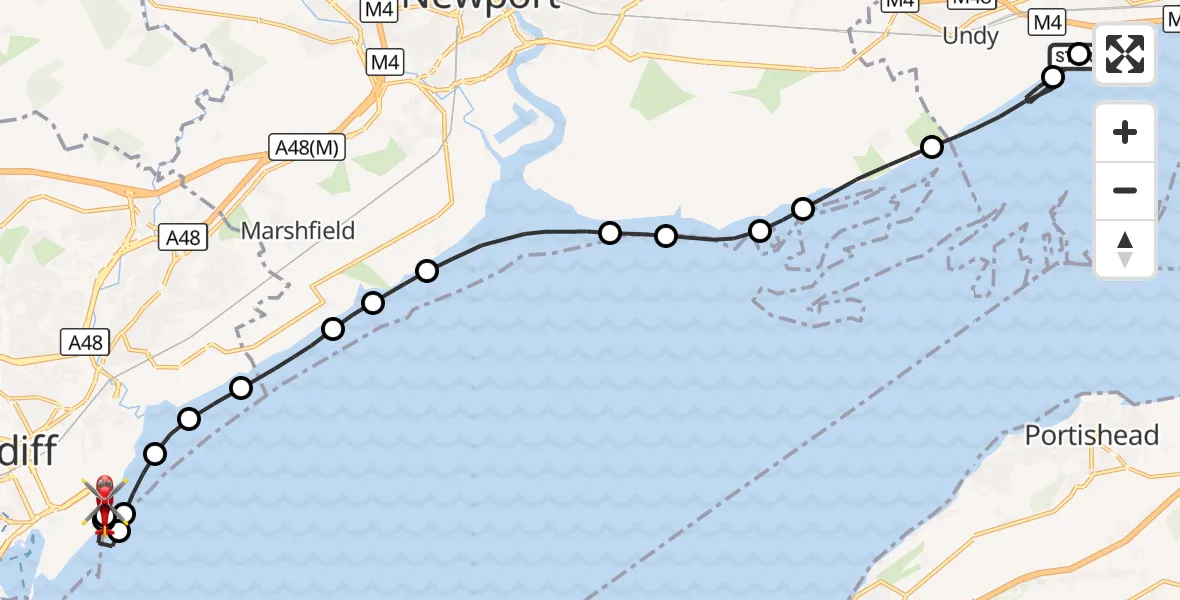 Flight route Air Ambulance Helicopter Caldicot - Cardiff Heliport, 30 October 2026, 10:42