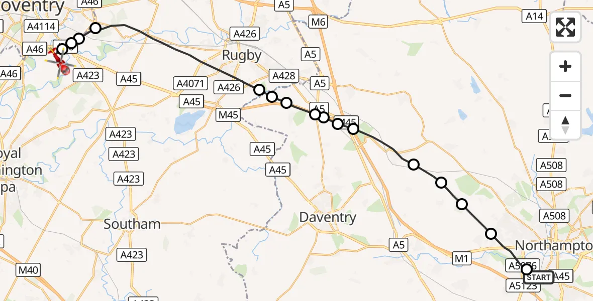 Flight route Air Ambulance Helicopter Far Cotton - Coventry Airport, 30 October 2026, 10:48