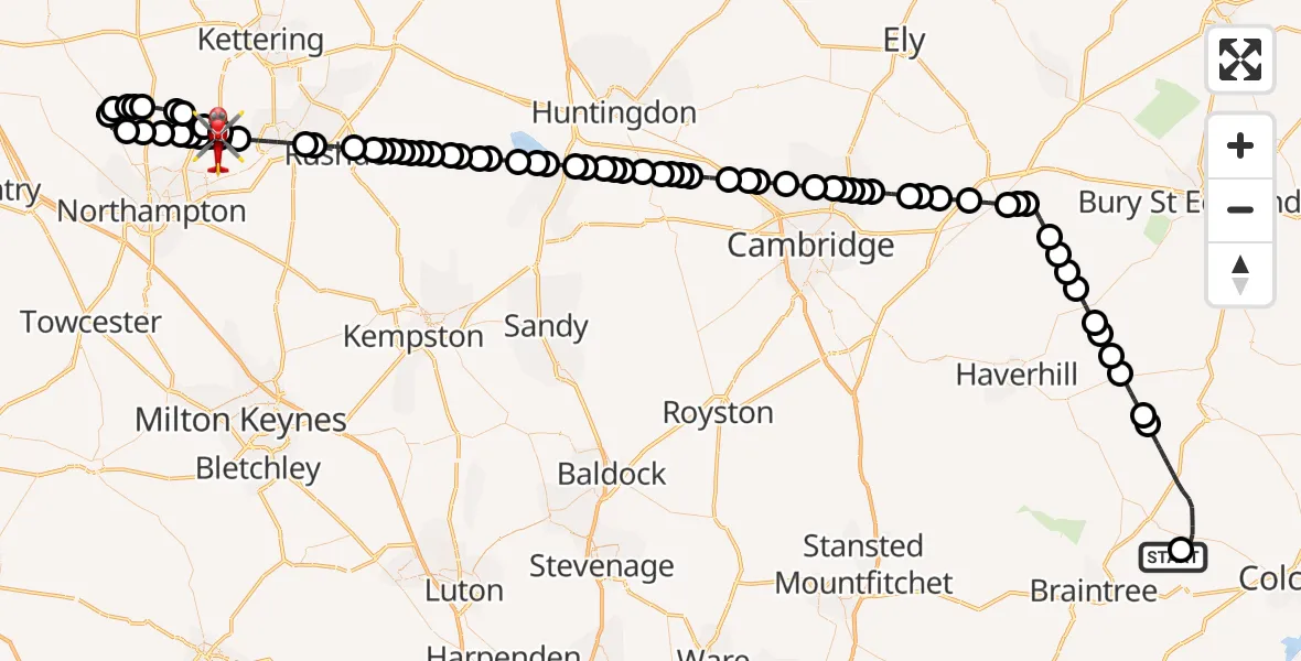 Flight route Air Ambulance Helicopter Earls Colne Airfield - Sywell Aerodrome, 30 October 2026, 10:49
