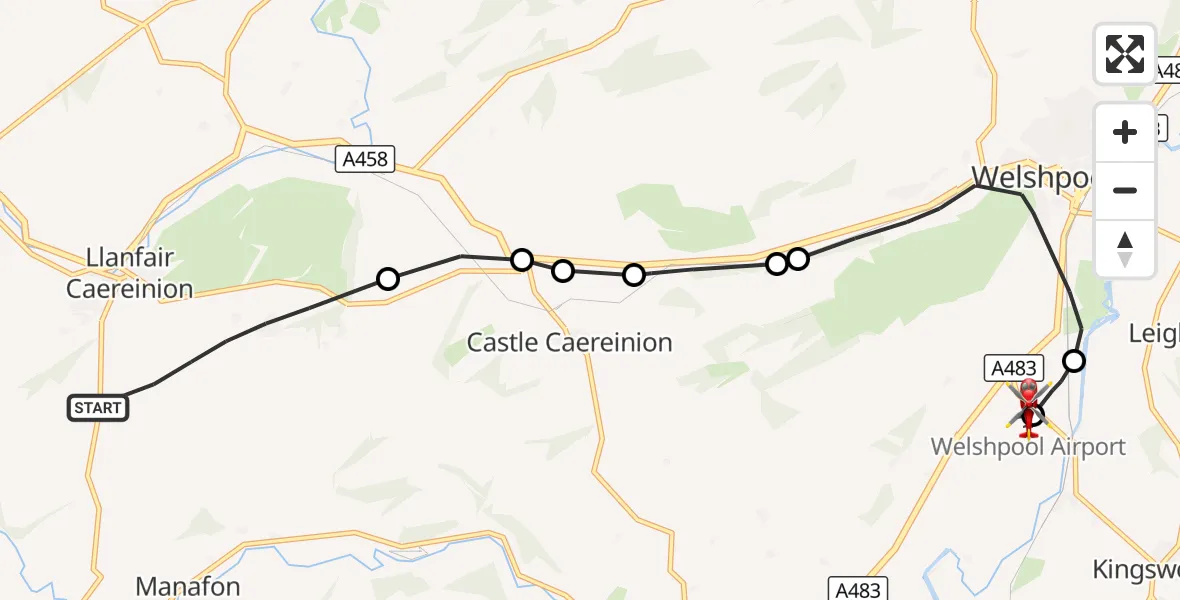 Flight route Air Ambulance Helicopter Llanfair Caereinion - Welshpool Airport, 30 October 2026, 10:51