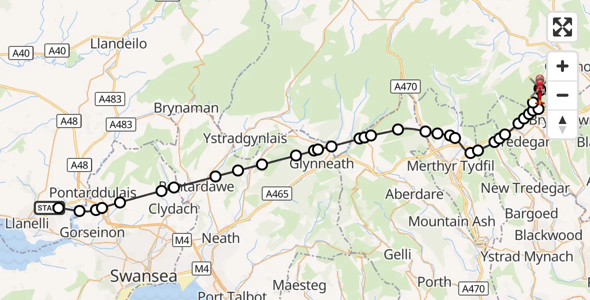 Flight route Air Ambulance Helicopter Dafen - Llangynidr, 30 October 2026, 11:14