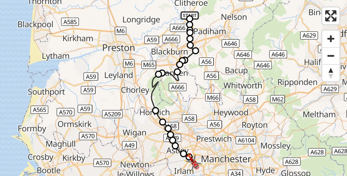 Flight route Air Ambulance Helicopter Wiswell - Irlam, 30 October 2026, 11:16