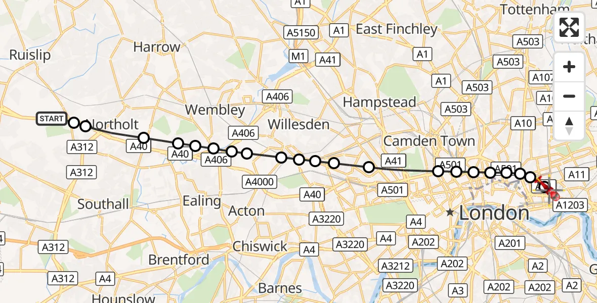 Flight route Air Ambulance Helicopter RAF Northolt - Royal London Hospital, 30 October 2026, 11:20