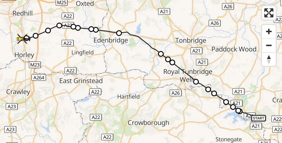Flight route Police Helicopter Tunbridge Wells - Salfords, 30 October 2026, 11:34