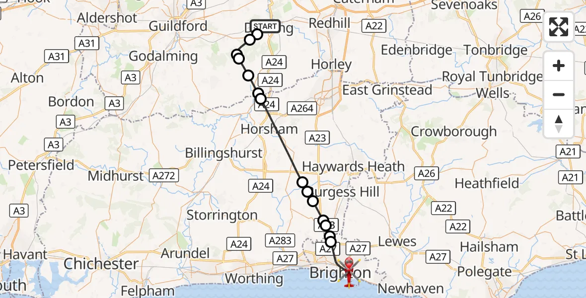Flight route Air Ambulance Helicopter Dorking - Brighton, 30 October 2026, 12:03
