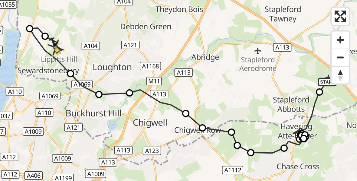 Flight route Police Helicopter Jenkins Farm Airstrip - Sewardstonebury, 30 October 2026, 12:16