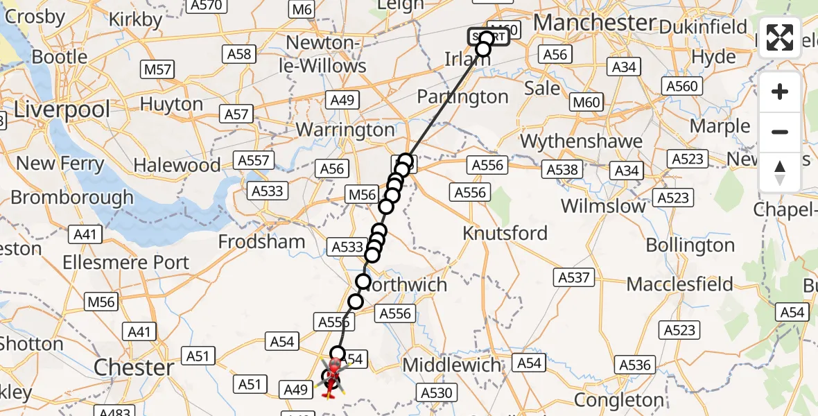 Flight route Air Ambulance Helicopter Manchester Barton Aerodrome - Little Budworth, 30 October 2026, 12:40