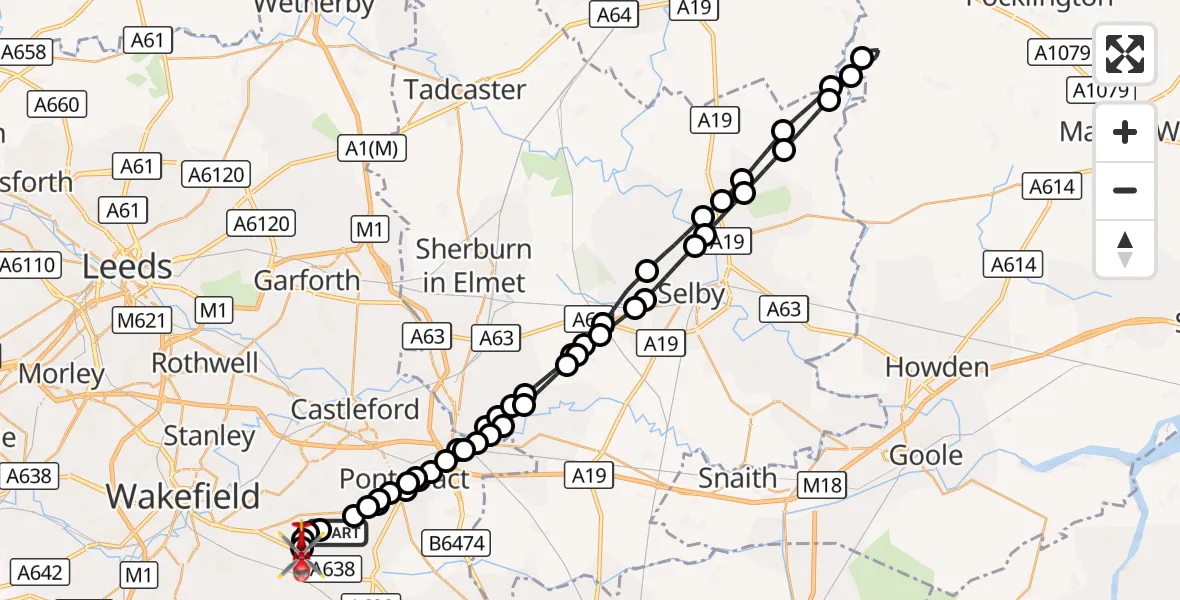 Flight route Air Ambulance Helicopter Featherstone - YAA Nostell Helicopter Port, 30 October 2026, 12:44