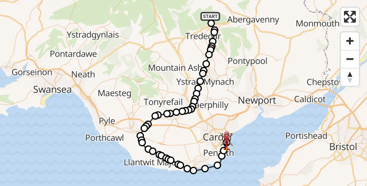 Flight route Air Ambulance Helicopter Llangynidr - Cardiff Heliport, 30 October 2026, 12:52