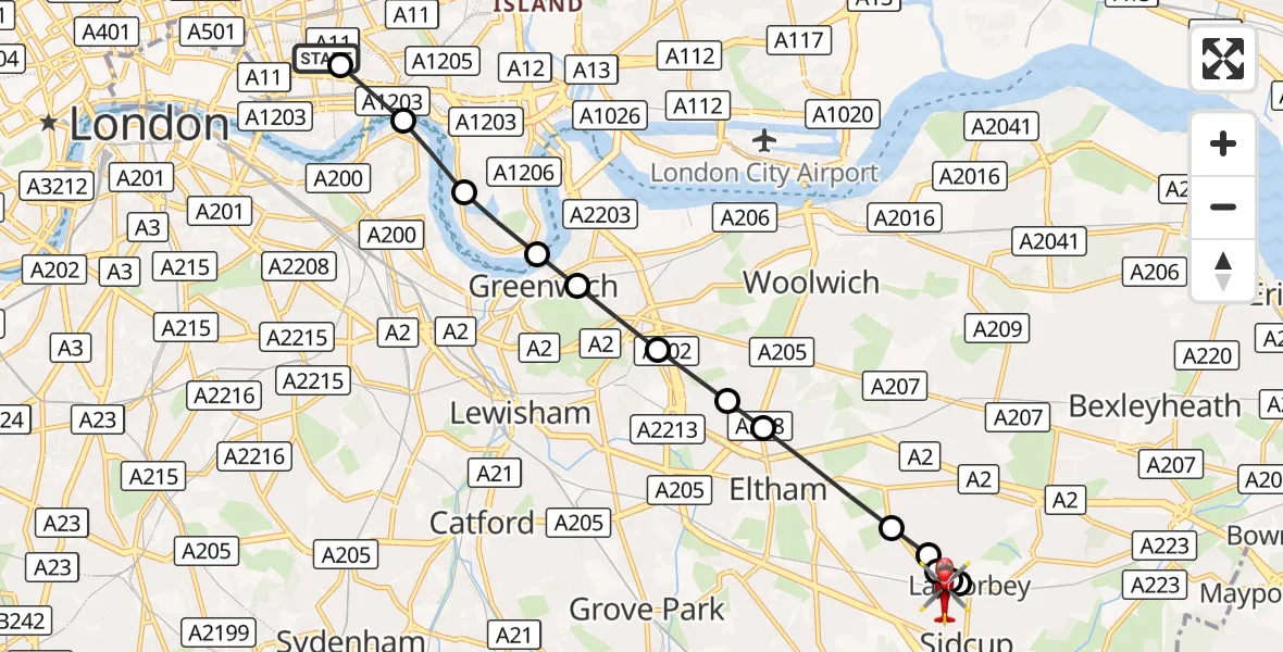 Flight route Air Ambulance Helicopter Royal London Hospital - Longlands, 30 October 2026, 13:04