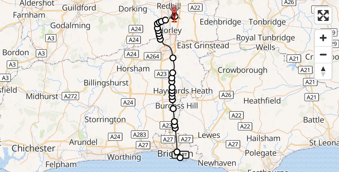 Flight route Air Ambulance Helicopter Brighton - Redhill Aerodrome, 30 October 2026, 13:17