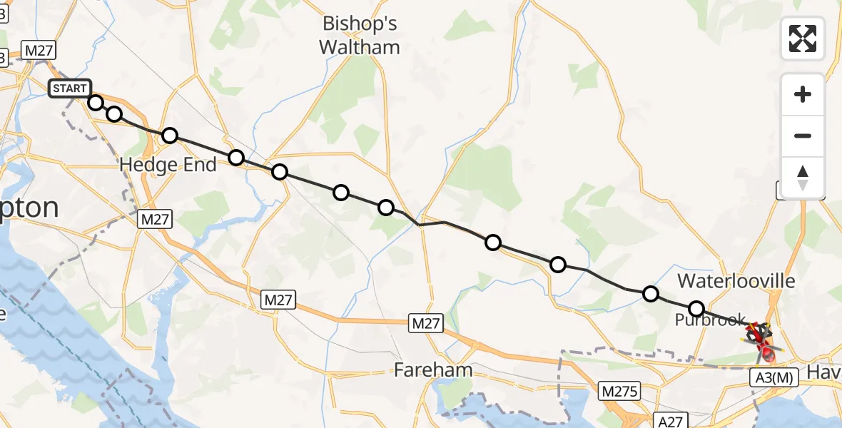 Flight route Air Ambulance Helicopter Southampton Airport - Havant, 30 October 2026, 13:24