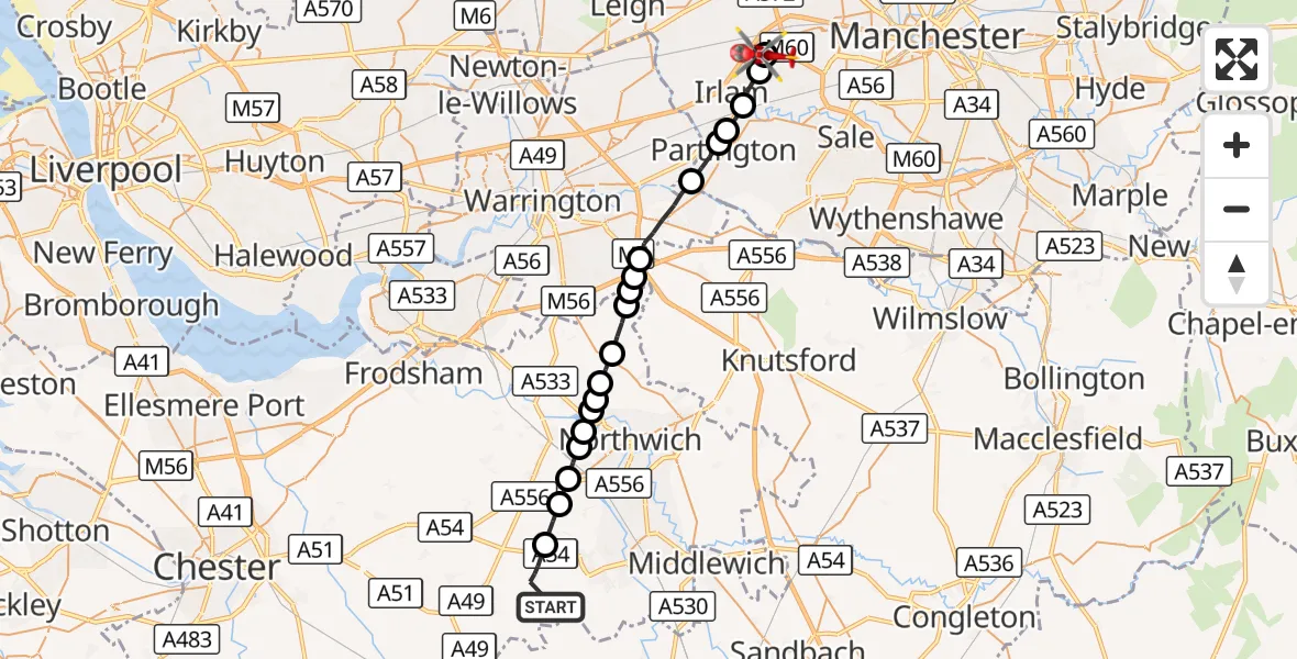 Flight route Air Ambulance Helicopter Little Budworth - Manchester Barton Aerodrome, 30 October 2026, 13:26