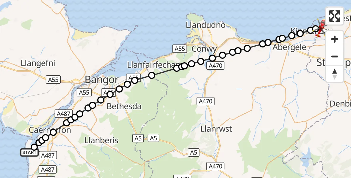 Flight route Air Ambulance Helicopter Caernarfon Airport - Rhyl, 30 October 2026, 13:36