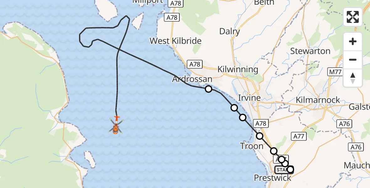 Flight route Coastguard Helicopter Glasgow Prestwick Airport - Inner Seas, 30 October 2026, 14:02