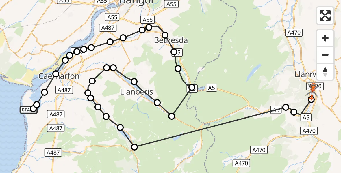 Flight route Coastguard Helicopter Caernarfon Airport - Llanrwst, 30 October 2026, 14:03