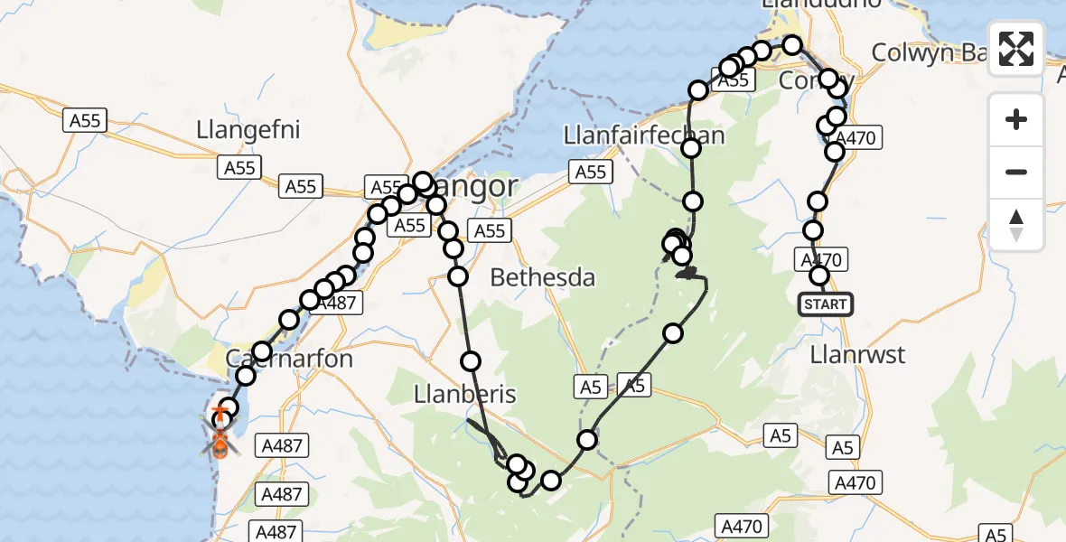 Flight route Coastguard Helicopter Trefriw - Caernarfon Airport, 30 October 2026, 14:43