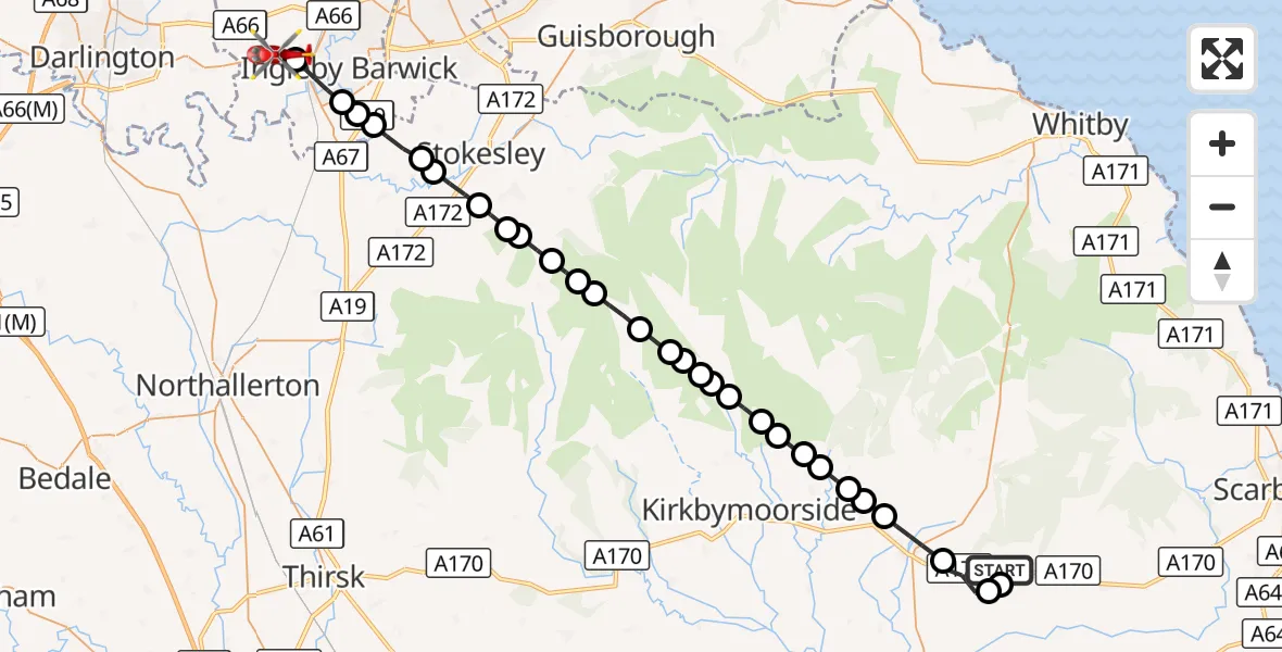Flight route Air Ambulance Helicopter Thornton-le-Dale - Egglescliffe, 30 October 2026, 15:30