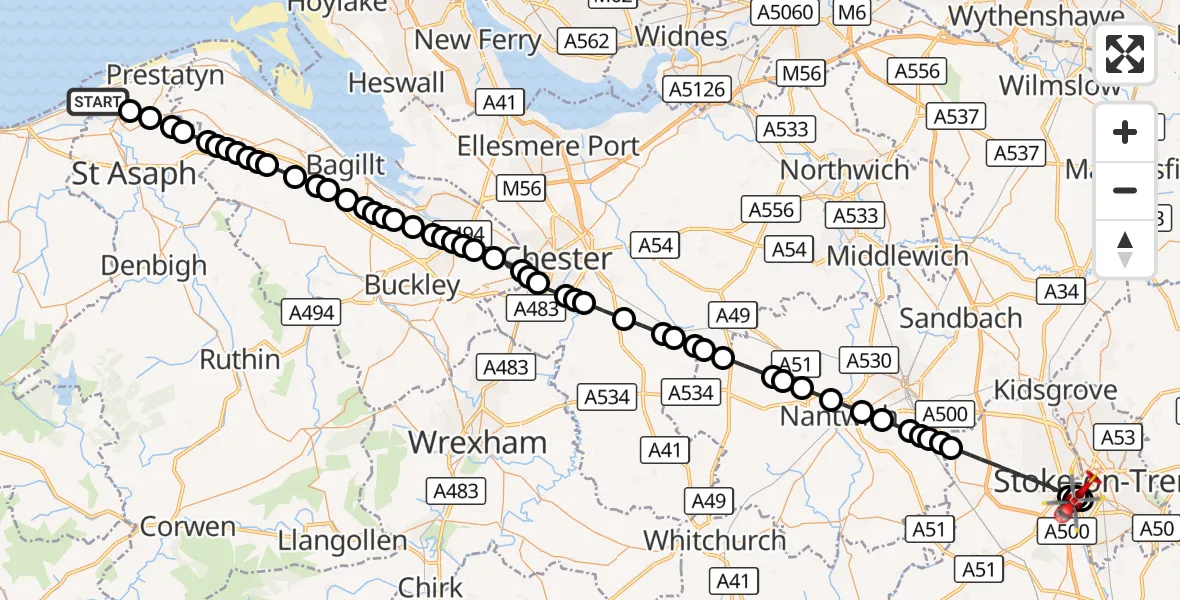 Flight route Air Ambulance Helicopter Rhyl - University Hospital North Staffs, 30 October 2026, 15:30