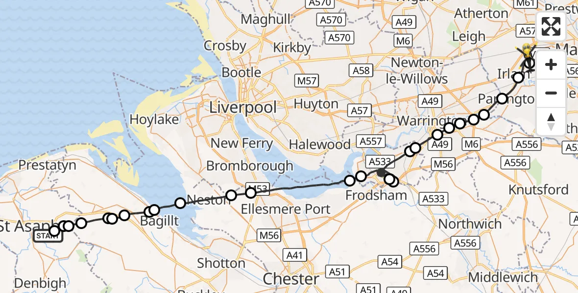 Flight route Police Helicopter Waen - Irlam, 30 October 2026, 15:33