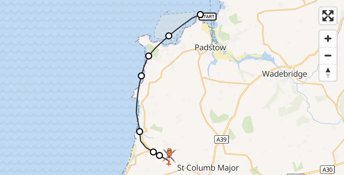 Flight route Coastguard Helicopter Trebetherick - Cornwall Airport Newquay, 30 October 2026, 15:36