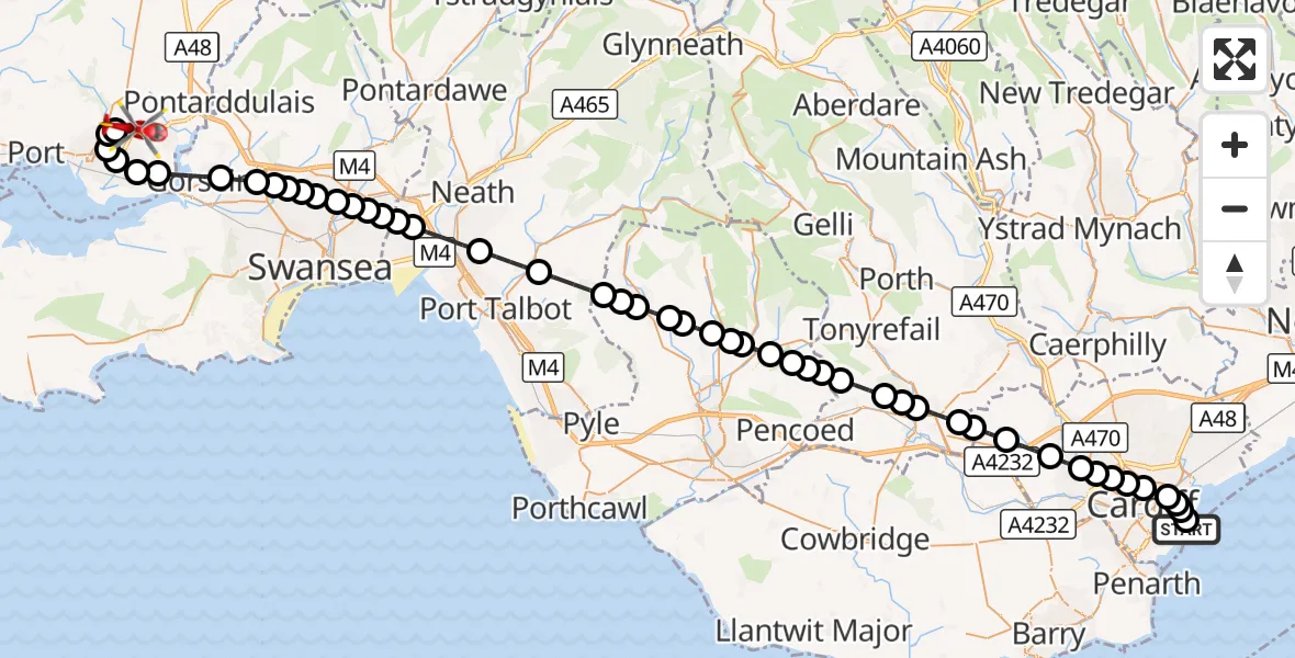 Flight route Air Ambulance Helicopter Cardiff Heliport - Dafen, 30 October 2026, 15:52